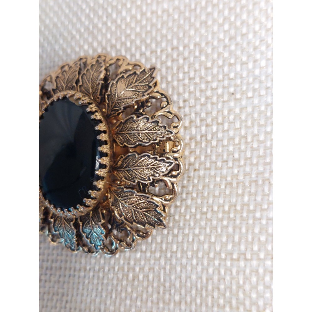 Black Cabochon Brooch Pendant Convertible Pin Faux Onyx Leaf Vintage Gold Tone - Picture 4 of 9